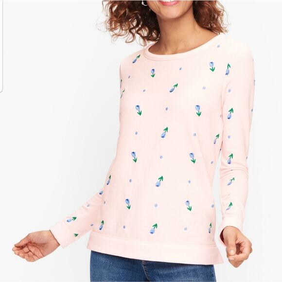 Talbots Embroidered Floral Sweatshirt XS Pullover Crew Neck Light Pink Coquette - Picture 1 of 10